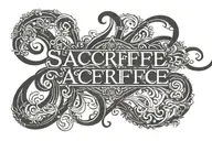 "SACRIFICE" in Black Label Font, simplified, curved across the chest, all-black, no background. tattoo design idea