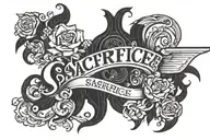 "SACRIFICE" in Black Label Font, simplified, curved across the chest, all-black, no background. tattoo design idea