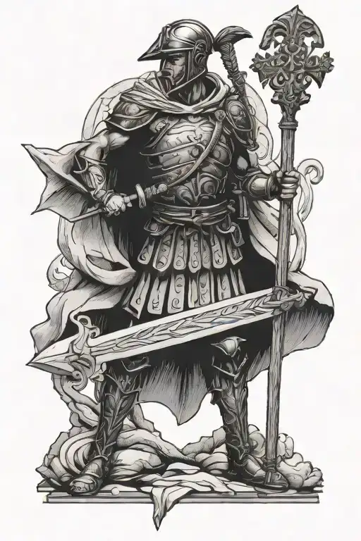 Roman soldier holding a spear and standing below a cross tattoo design idea
