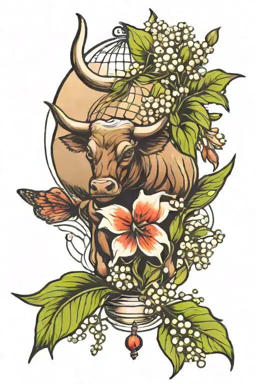 bull, world globe, Lily of the valley flower tattoo design idea