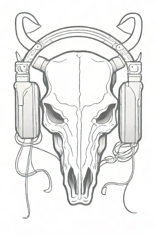 black outlined bull skull wearing headphones tattoo design idea