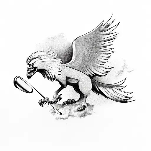 A griffin soaring through the sky with a golf club in its talons tattoo design idea