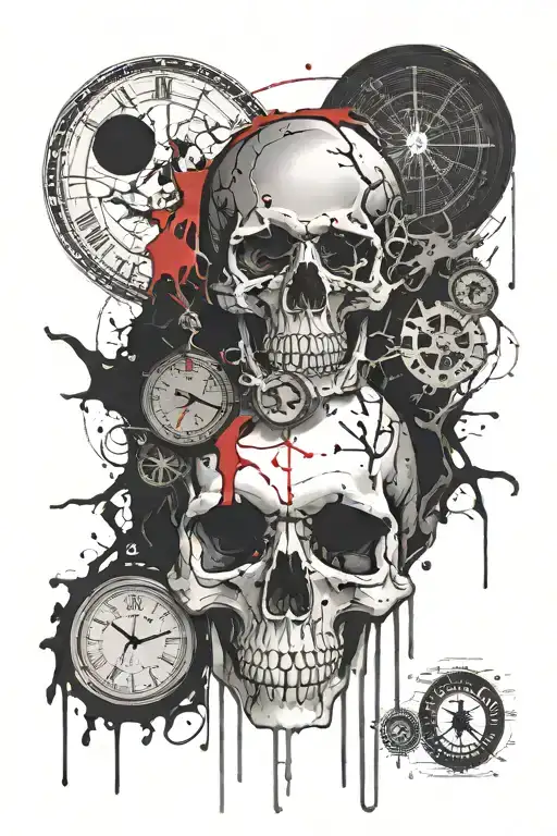 A skull with clock hands as the eyes, set against a backdrop of a melting moon tattoo design idea
