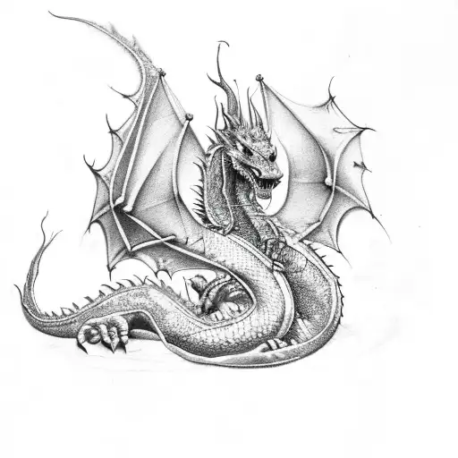 green and purple medieval dragon tattoo, spitting fire tattoo design idea