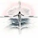 Jesus carrying cross from ocean into sunrise with Isaiah 41:10 bible verse tattoo design idea
