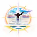 Jesus carrying cross from ocean into sunrise with Isaiah 41:10 bible verse tattoo design idea