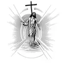 Jesus carrying cross from ocean into sunrise with Isaiah 41:10 bible verse tattoo design idea