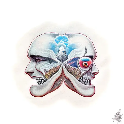 two faces with clouds overthink tattoo design idea