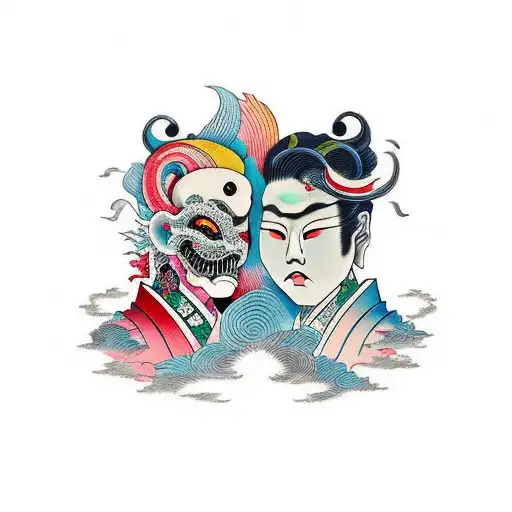 two faces with clouds overthink tattoo design idea