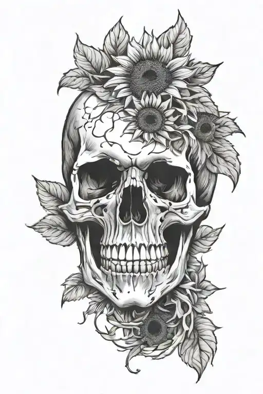 side profile of skull with sunflowers growing out of the top of the skull tattoo design idea