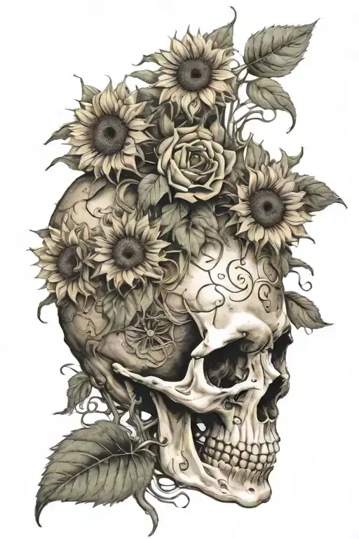 side profile of skull with sunflowers growing out of the top of the skull tattoo design idea