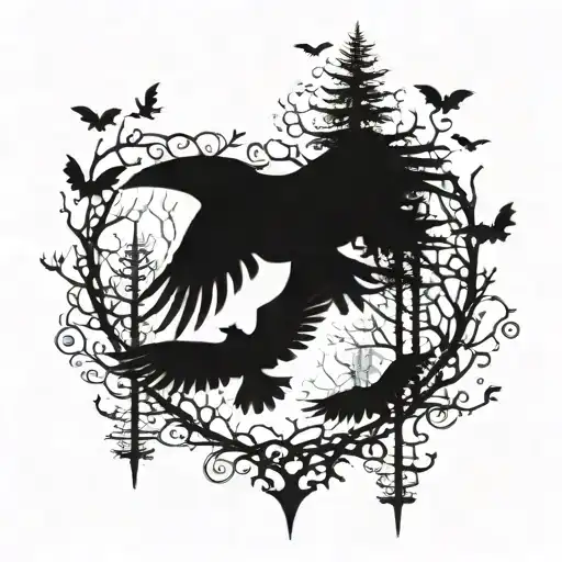 A mystical forest scene with ravens and bats flying overhead, intertwined with gothic elements tattoo design idea