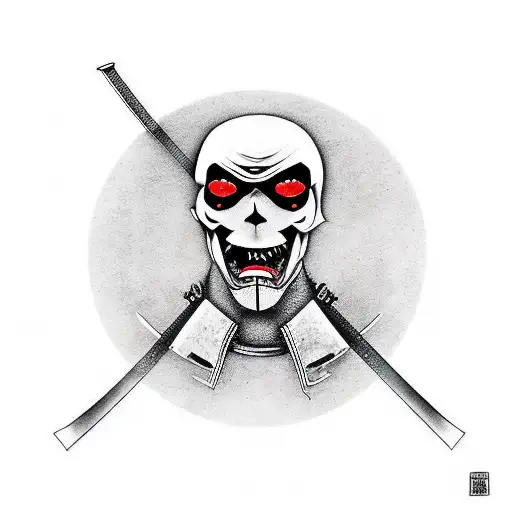 Samurai with a skull face, with the samurai armor and a katana, from the waist up tattoo design idea