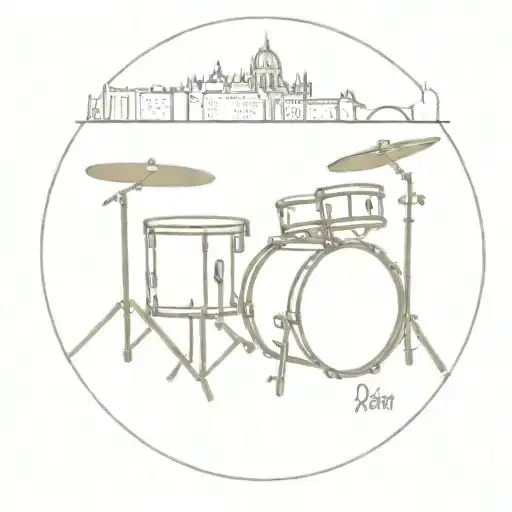 A minimalist design of a drum set with a skyline of Budapest in the background tattoo design idea