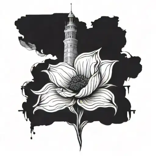 lone flower blooming alone next to a tower  tattoo design idea