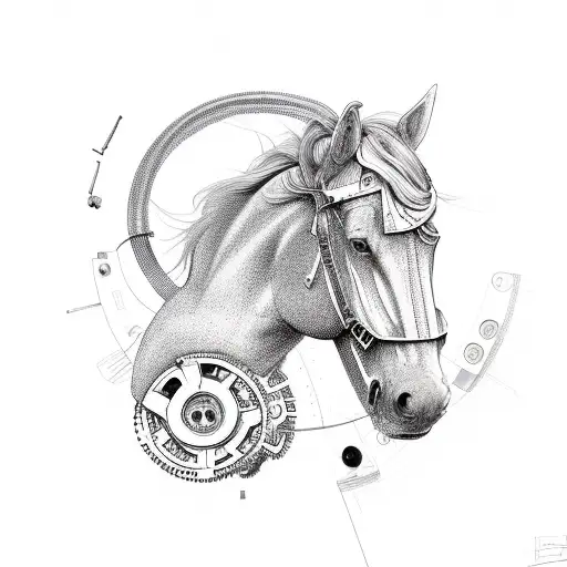 A horse made up of interconnected mechanical gears and pistons tattoo design idea