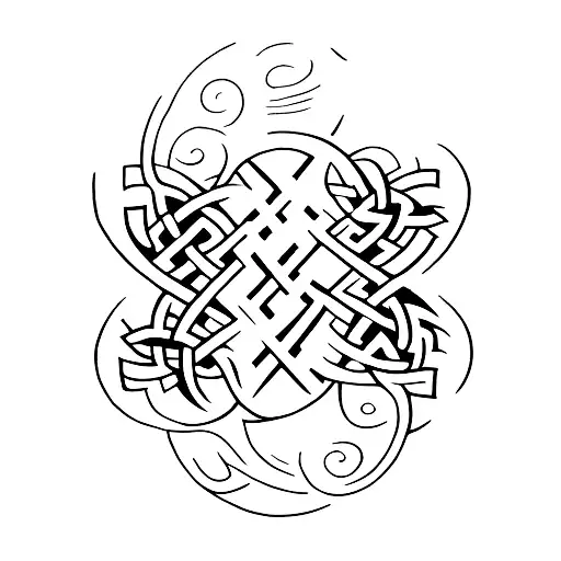 An abstract tattoo design combining elements of cats, celtic knots, trees, vines, and leaves in a cohesive and artistic way tattoo design idea