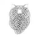 A minimalist design of a cat's paw print with celtic knotwork patterns and leaf accents tattoo design idea