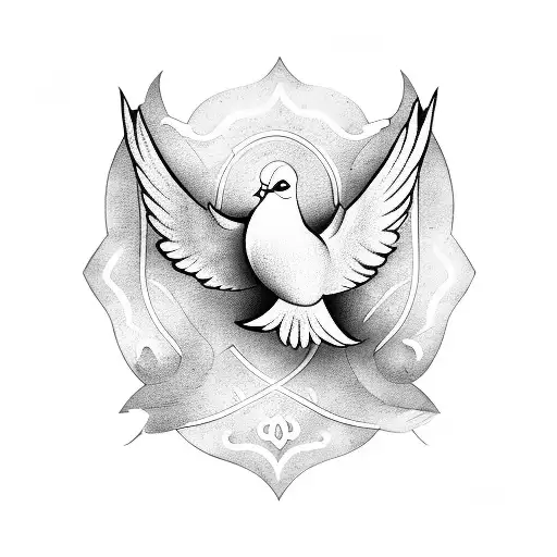 A realistic dove with monogram using fancy calligraphy PRB and a heart and roes tattoo design idea