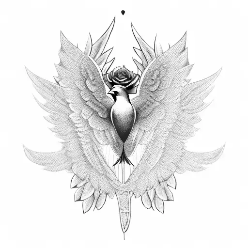 A realistic dove with fancy calligraphy wings and a heart-shaped rose  tattoo design idea