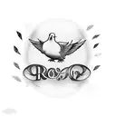 A realistic dove with monogram using fancy calligraphy PRB and a heart and roes tattoo design idea