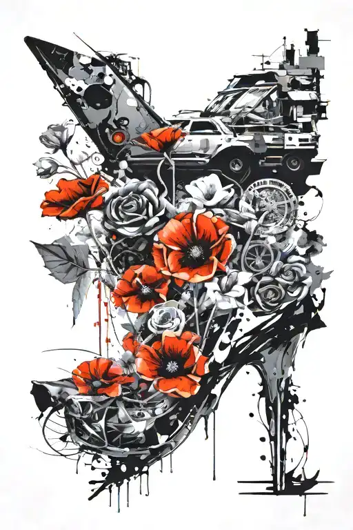 waste heaps, poppies, stiletto and Donetsk tattoo design idea