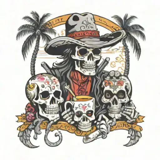 dia de Los muertos cowboy skeletons drinking, smoking, and playing gutair. include a cross and palm trees tattoo design idea