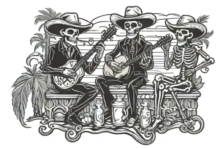 dia de Los muertos cowboy skeletons drinking, smoking, and playing gutair. include a cross and palm trees tattoo design idea