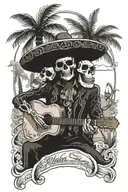 skeleton mariachi band, drinking, smoking, and playing music on the beach. add palm trees tattoo design idea