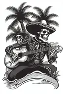 skeleton mariachi band, drinking, smoking, and playing music on the beach. add palm trees tattoo design idea