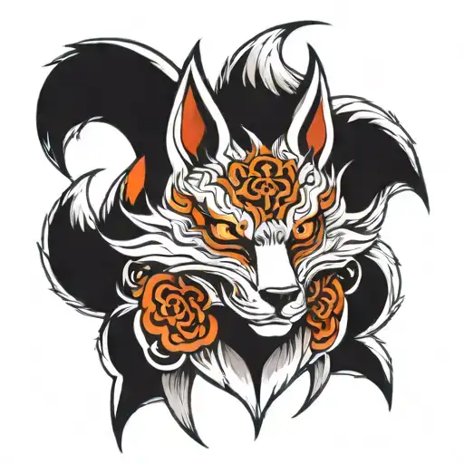 kitsune mask with nine tails behind it tattoo design idea