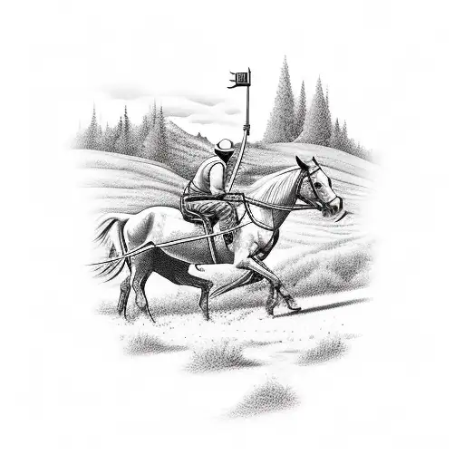 A construction worker riding a horse amidst a scenic countryside tattoo design idea