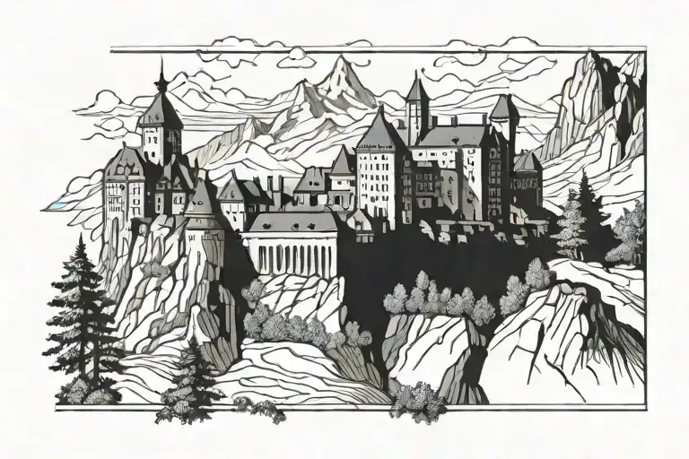 highly detailed German castle overlooking mountains tattoo design idea