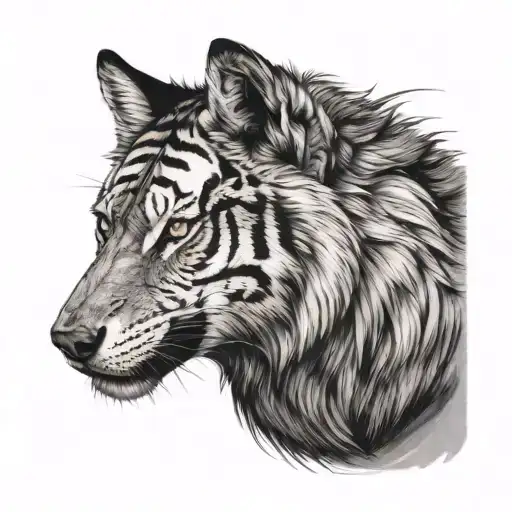 half tiger face with half wolf face on upper side eagle flying  tattoo design idea