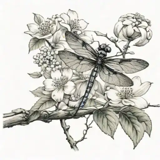dogwood tree and dragonfly flying tattoo design idea
