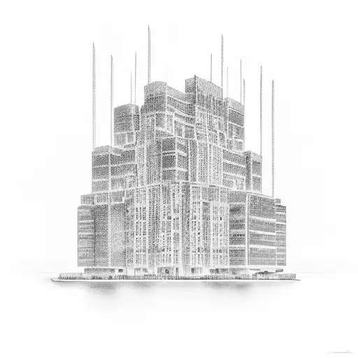 A luxurious hotel building with a sunset backdrop tattoo design idea