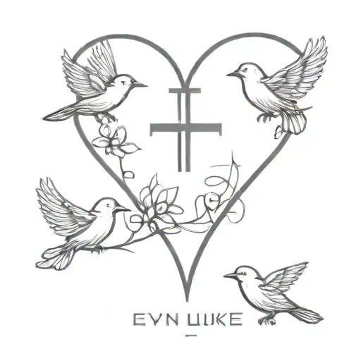 Names of Ryann Luke and Evyn with two small birds a cross and a heart tattoo design idea