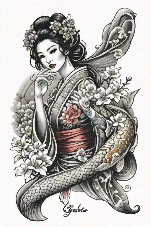 sexy geisha with cherry blossoms, koi fish and temple tattoo design idea