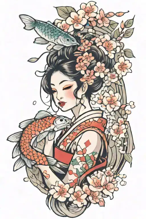 sexy geisha with cherry blossoms, koi fish and temple tattoo design idea