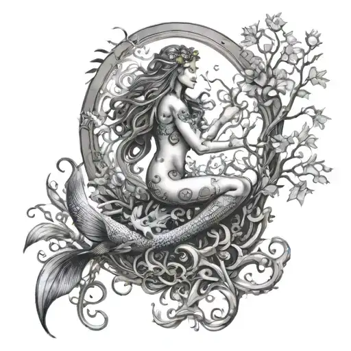 Mermaid emerging from a Tree of Life with Gothic script of love, courage, and faith surrounding them tattoo design idea