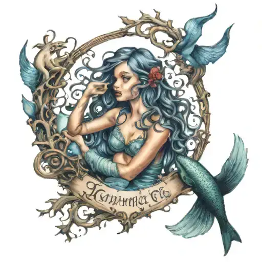 Mermaid emerging from a Tree of Life with Gothic script of love, courage, and faith surrounding them tattoo design idea