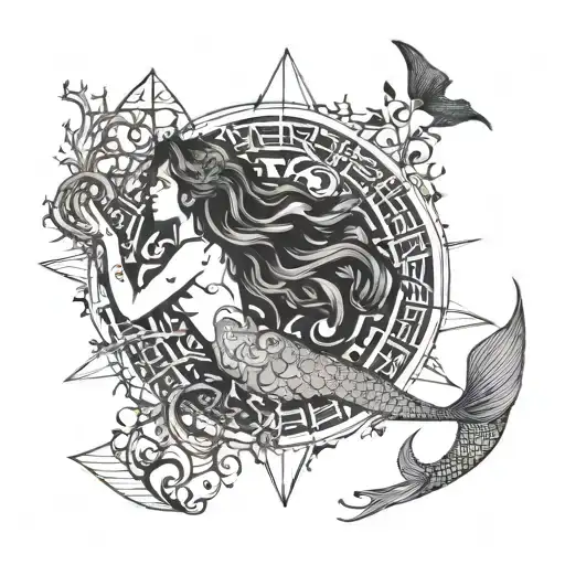 Mermaid emerging from a Tree of Life with Gothic script of love, courage, and faith surrounding them tattoo design idea