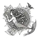 Mermaid emerging from a Tree of Life with Gothic script of love, courage, and faith surrounding them tattoo design idea