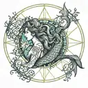 Mermaid emerging from a Tree of Life with Gothic script of love, courage, and faith surrounding them tattoo design idea