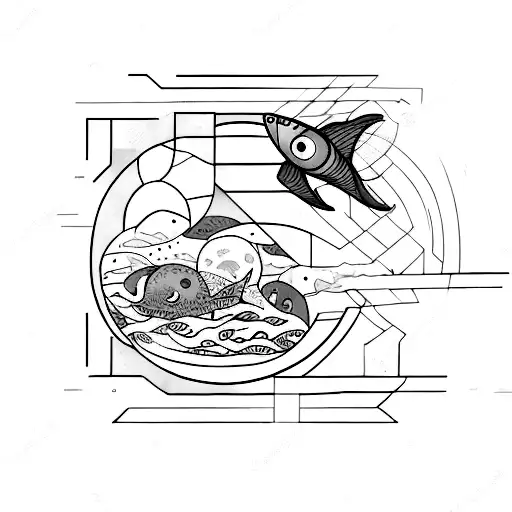 A geometric representation of an astronaut floating in the depths of the ocean, surrounded by colorful marine life tattoo design idea