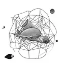 A geometric representation of an astronaut floating in the depths of the ocean, surrounded by colorful marine life tattoo design idea