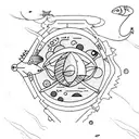 A geometric representation of an astronaut floating in the depths of the ocean, surrounded by colorful marine life tattoo design idea