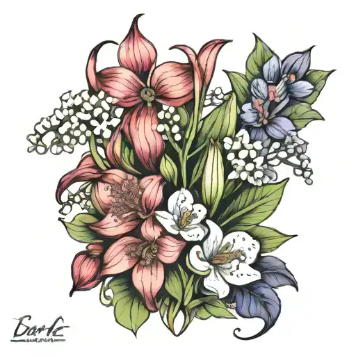 red sedum spurium, irises, poppys, lilly of the valley  tattoo design idea