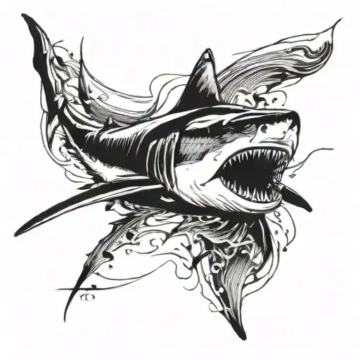 A majestic great white shark swimming alongside a sleek yacht tattoo design idea