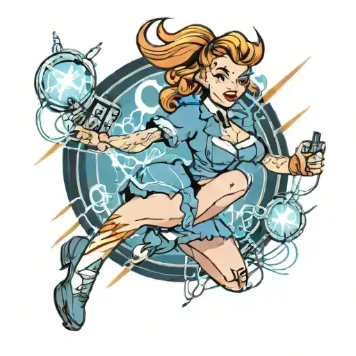 A new-school design featuring a pin-up girl dressed in a retro electrician uniform, surrounded by lightning bolts and circuit patterns tattoo design idea
